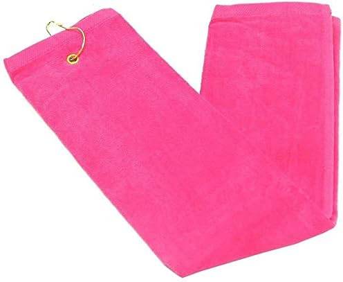 (NEW Upgraded Material) Premium Velour Pink Tri-fold Golf Towel with Clip. 16"x26" – Long, Soft, Quick Drying, Absorbent. Attaches Easily to Your Bag.