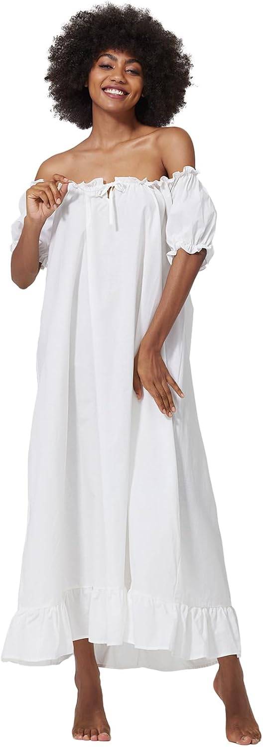 BEAUZSUZSANA Women's Nightgown 100% Cotton Victorian Vintage Nightwear Short Sleeve Scoop Neck (Small) Ivory