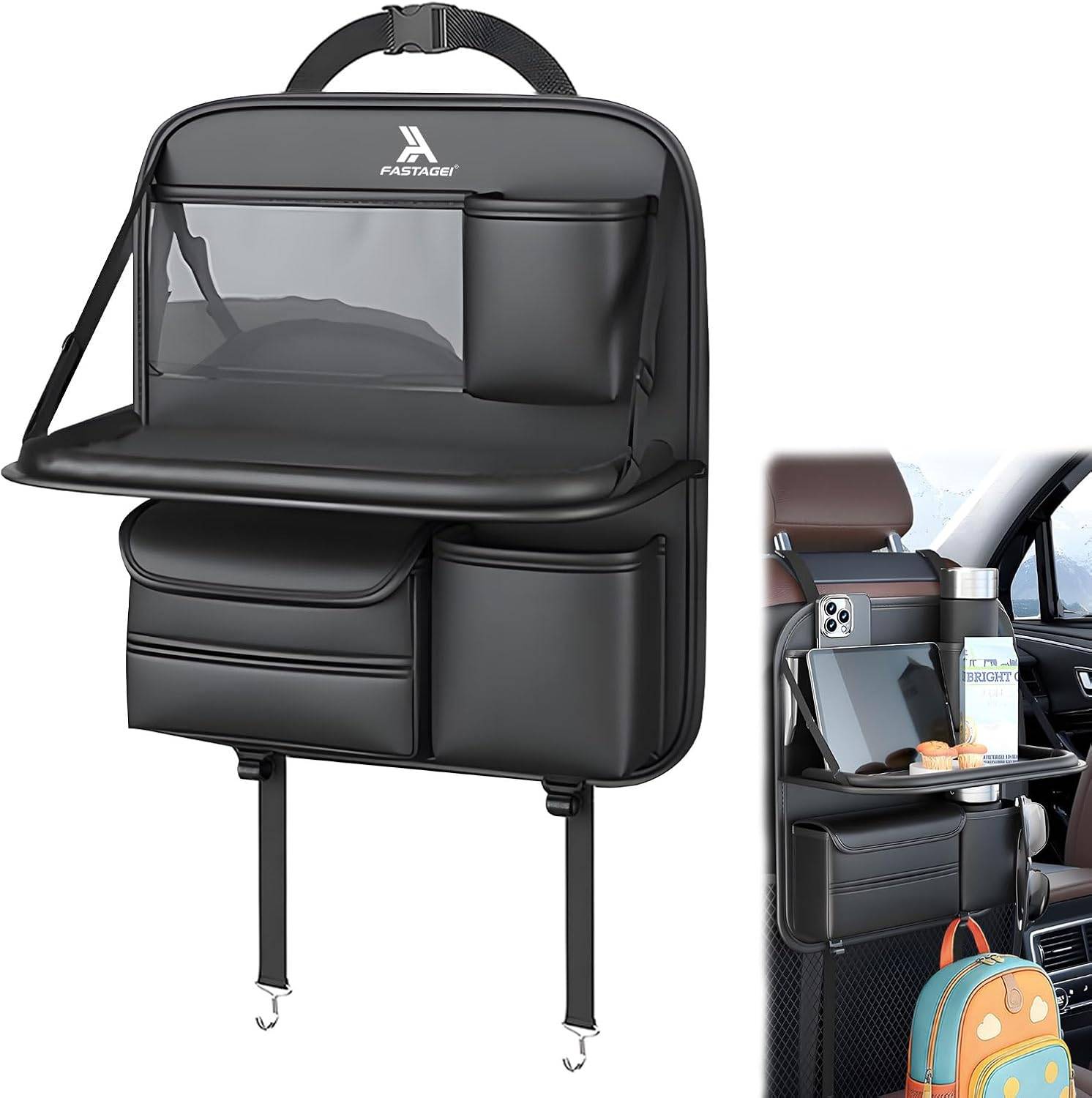 FASTAGEI Universal Premium Leather Foldable Car Backseat Organizer with Table Tray, Seat Back Protector with Touch Screen Pad Phone Holder, Car Storage Pockets Tissue Holder with S