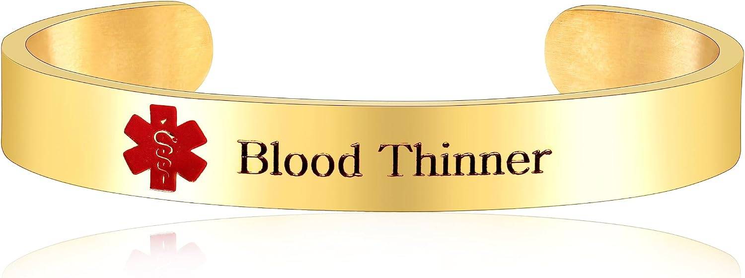 Uloveido Blood Thinner Bracelets Gold Plated Stainless Steel Medical Alert Medical ID Open Cuff Bangle Bracelet for Women Y3021