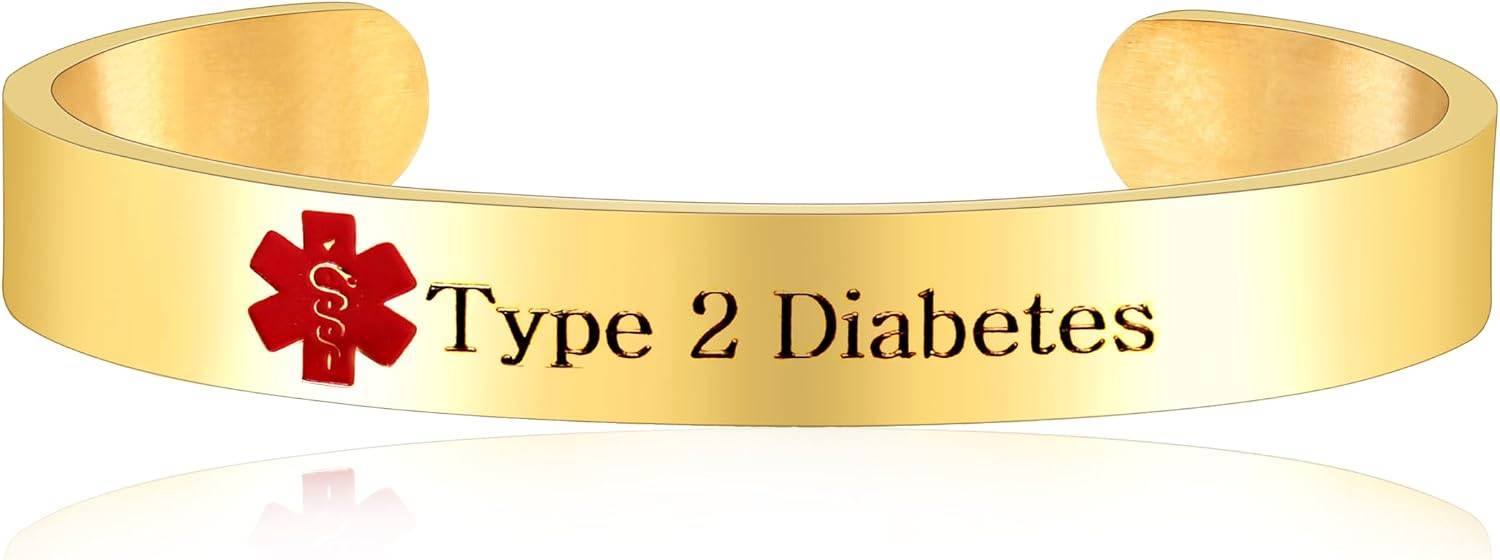 Uloveido Type 2 Diabetes Bracelet Medical Alert Awareness Bracelet Gold Plated Stainless Steel Medical ID Open Cuff Bangle Bracelet Y3021