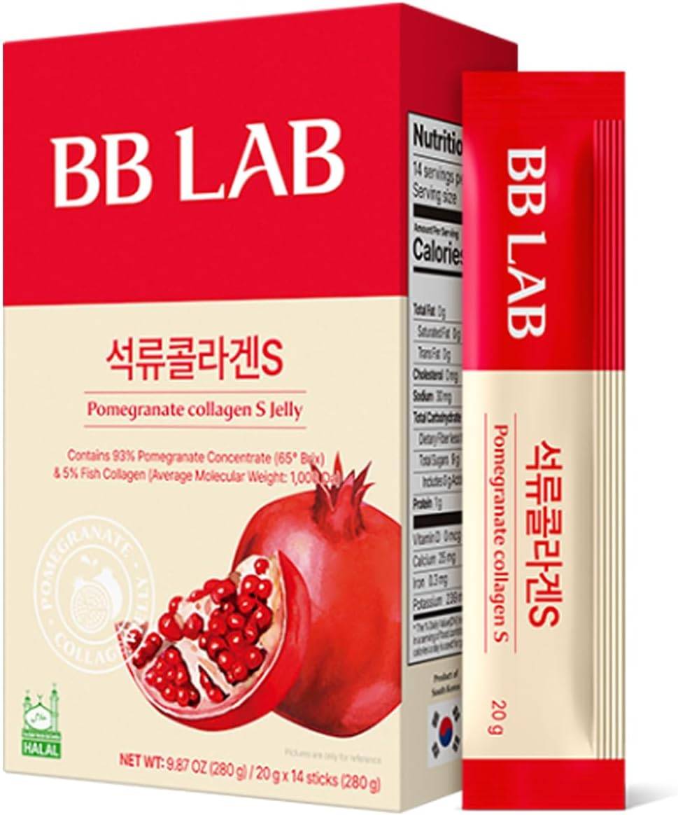 BB LAB Pomegranate Collagen S Jelly Halal, Pomegranate Collagen Sticks - Vitamin A & E for Skin Glow, Hair & Nails – Korean Beauty Jelly - 20g of 14 Sticks