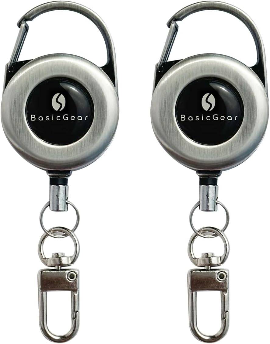 BasicGear® Zinger Retractable Keychain, 2 Pack, Brushed Metal, Silver
