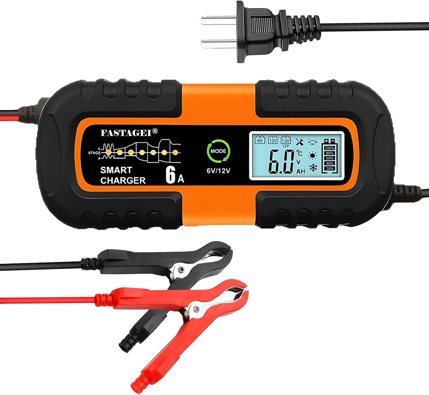 FASTAGEI LiFePO4/Lead Acid Battery Charger Smart Battery Trickle Charger 6V/12V 3A/6A Automotive Battery Maintainer Desulfator Temp Compensation for Car Truck Motorcycle Lawn Mower