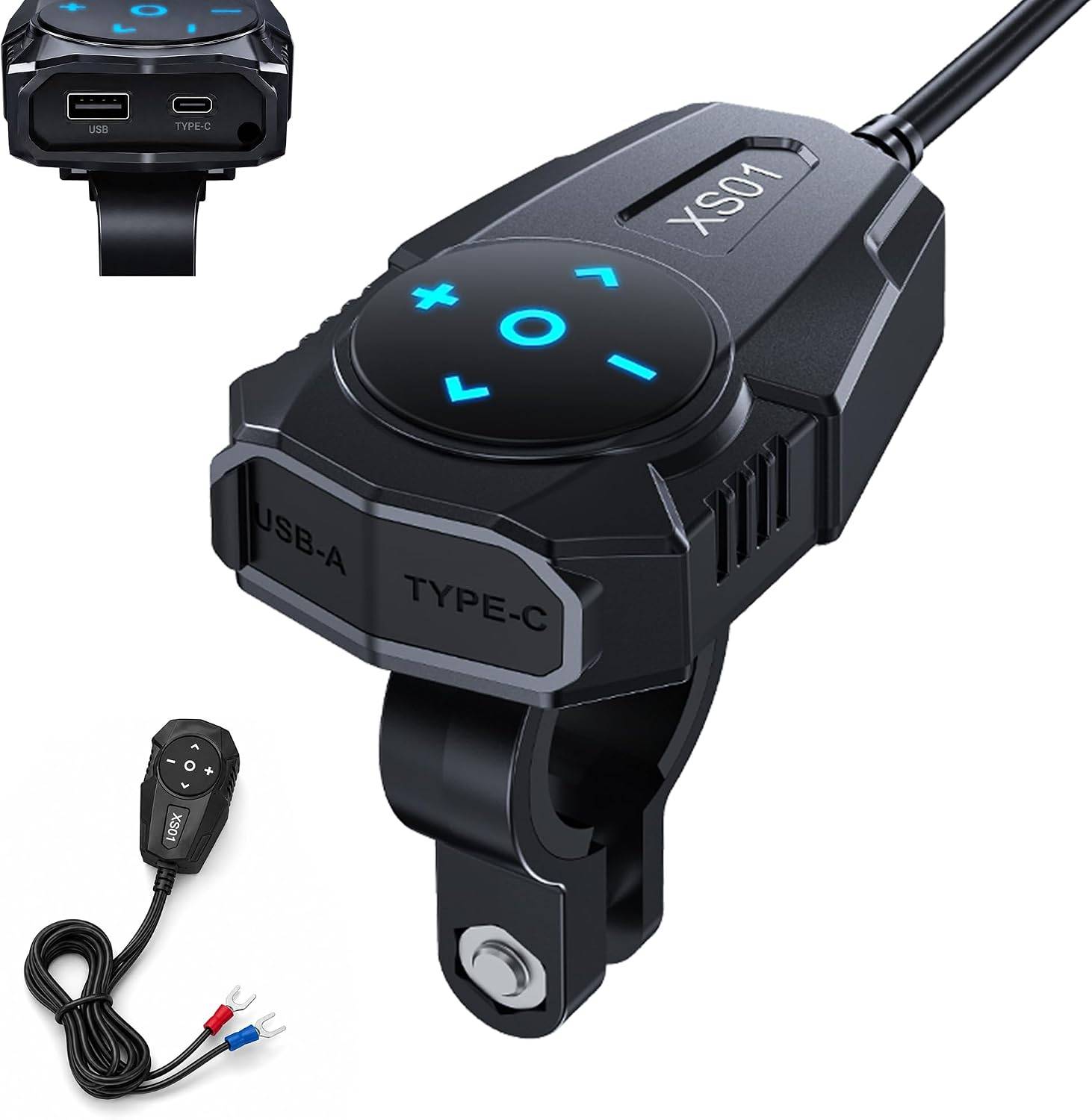 2-in-1 Motorcycle USB C Charger & Bluetooth Wireless Remote, Waterproof 12V-24V Dual USB-A C Fast Charging Port, Handlebar Mount Phone Charger with High & Low Voltage Protection fo