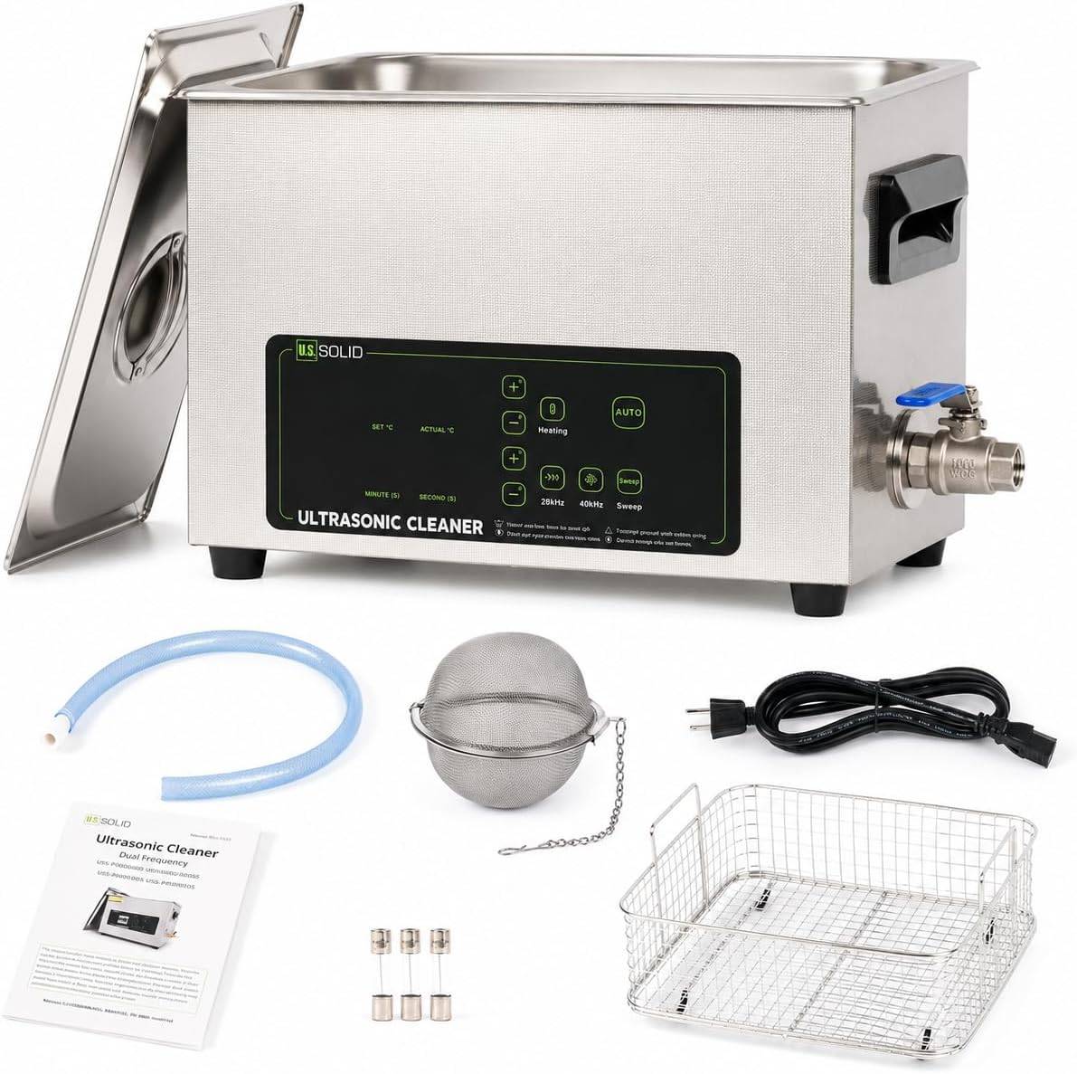U.S. Solid 10L Ultrasonic Cleaner, 110V AC, 28/40kHz Dual-Frequency Digital Ultrasonic Cleaning Machine with Heater, Timer, and Degas Function