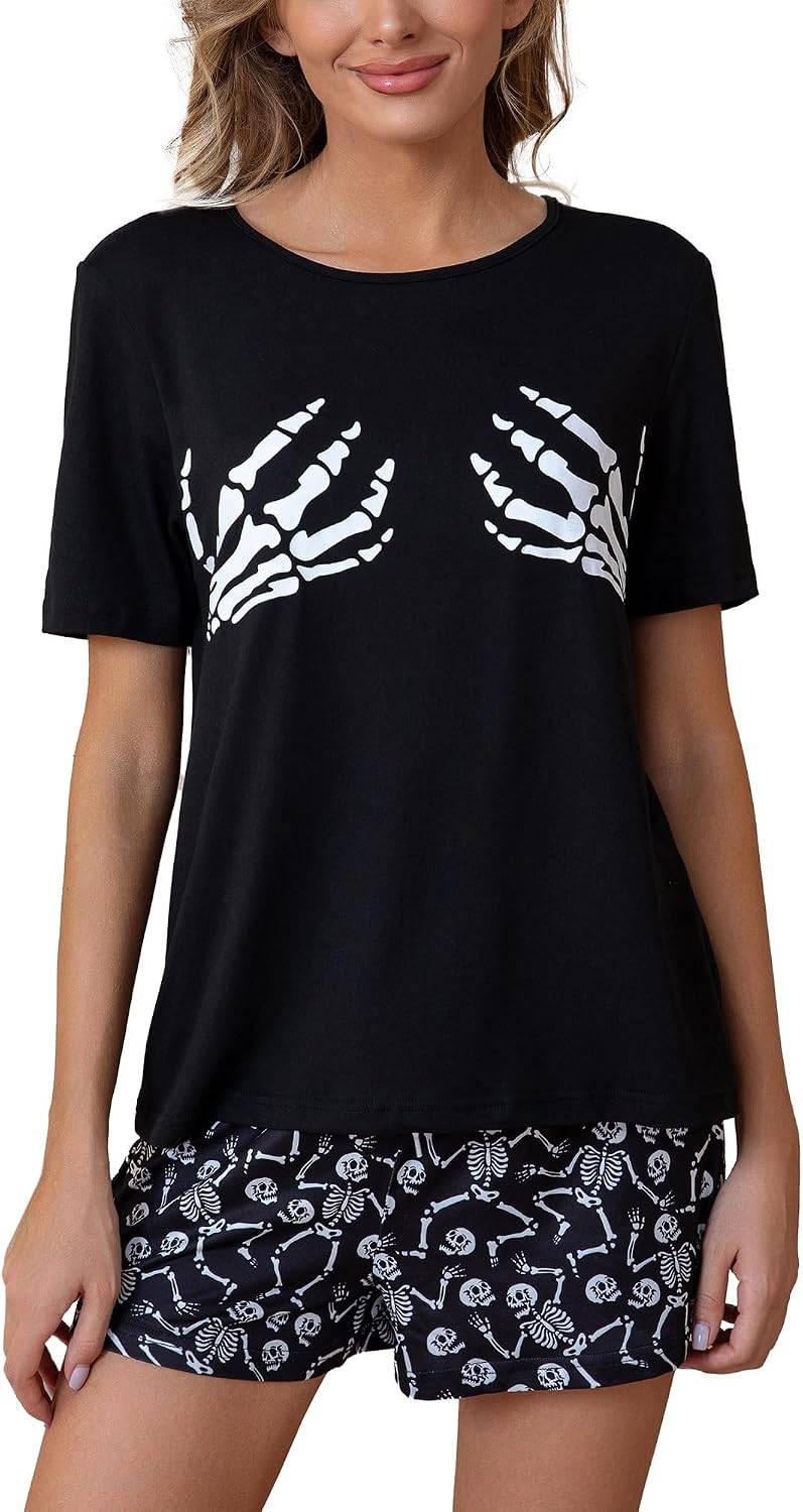 Leevuyu Women Halloween Pajamas Skeleton Short Sleeve Tops and Shorts Scream Pajamas Halloween Pajama Pjs Black S