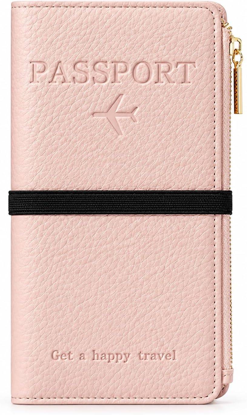 NQQNQQ RFID-Blocking Leather Travel Wallet & Passport Holder with Zipper Pocket, Card Slots, and Phone Compartment – Waterproof Travel Organizer for Women & Men. TG-1 (Pink)