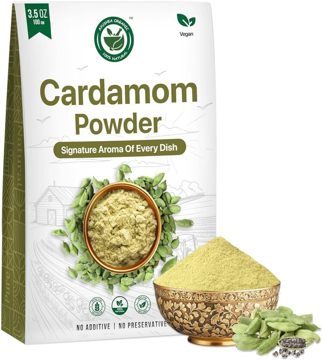 AYUSHKA ORGANIC Green Cardamom Powder (Elaichi Powder) Organic Ground Cardamom 3.5 oz / 100g