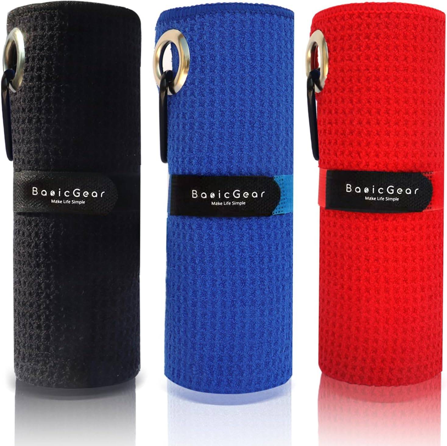BasicGear® Golf Towel with Carabiner Clip,3 Pack,6.3x6.3 in, Black/Red/Blue