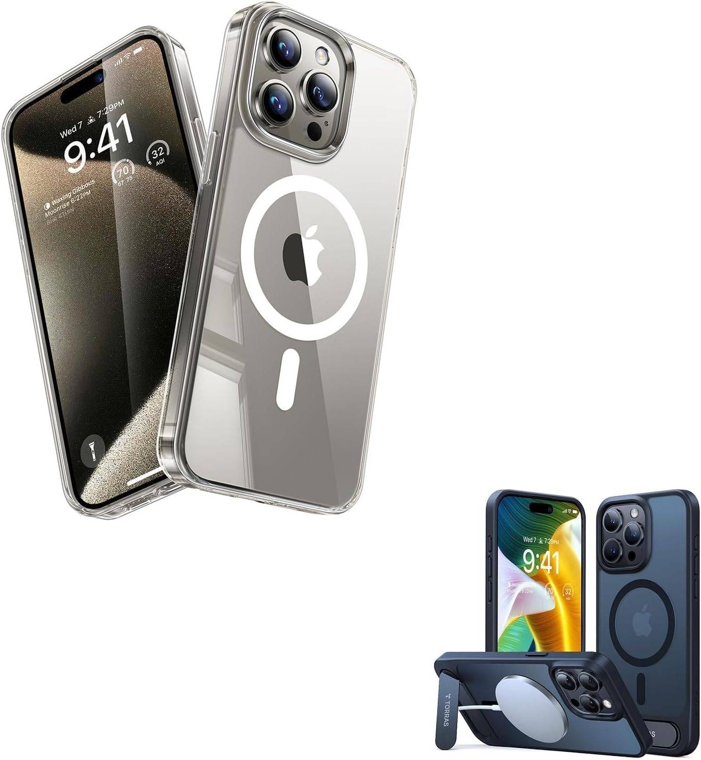 TORRAS Ultra Magnetic Clear iPhone 15 Pro Max Case [Fit for MagSafe] & Pstand Magnetic [Built-in Kickstand] iPhone 15 Pro Max Case