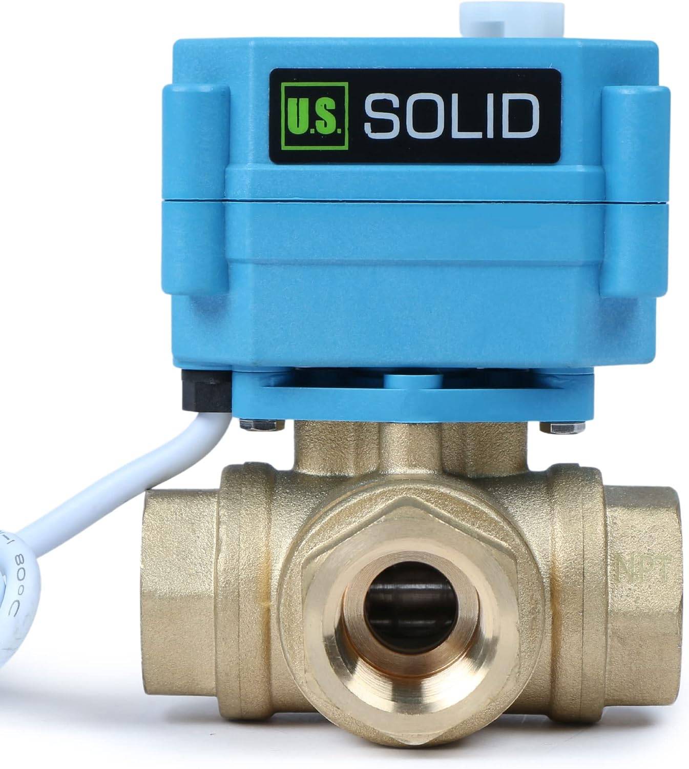 U.S. Solid 1/2" 3 Way Brass Motorized Ball Valve L Type AC/DC9-24V, Water Shutoff Valve with Manual Function, Standard Port, NOT for Drinking Water