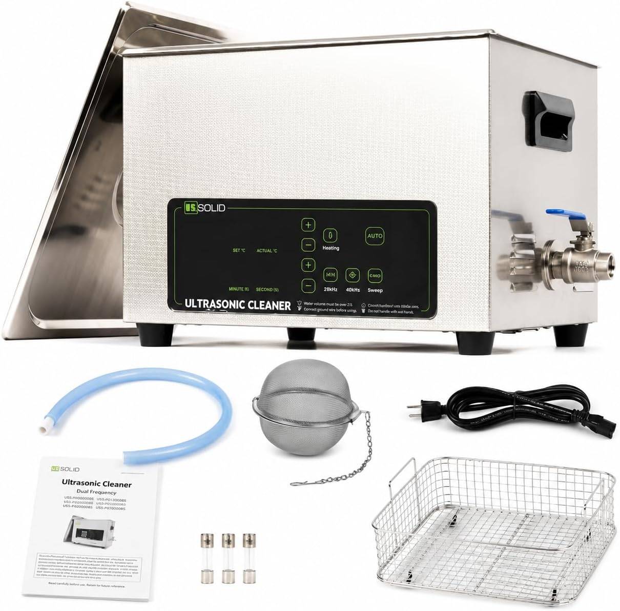 U.S. Solid 30L Ultrasonic Cleaner, 110V AC, 28/40kHz Dual-Frequency Digital Ultrasonic Cleaning Machine with Heater, Timer, and Degas Function