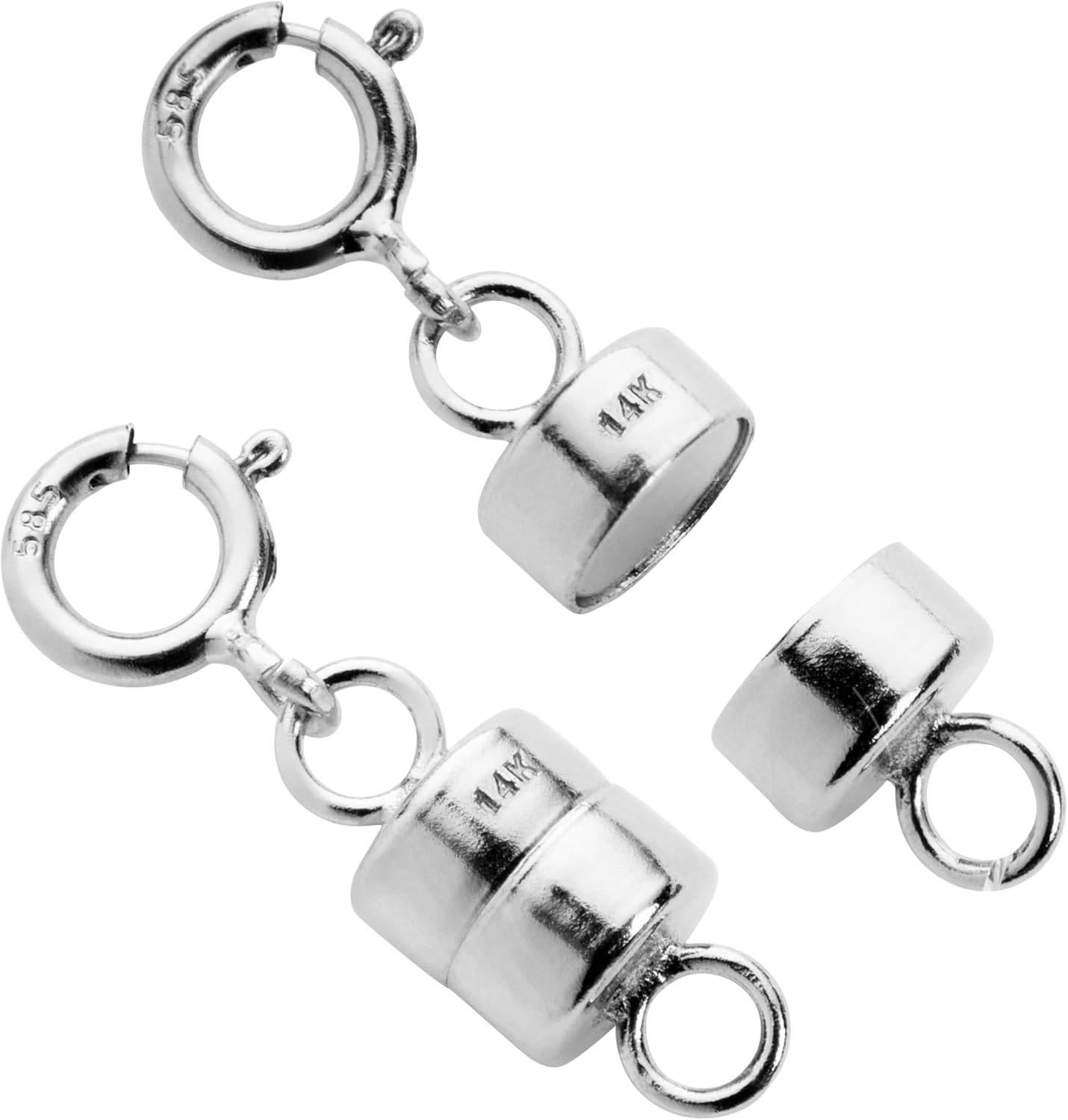 14K White Gold Magnetic Clasp Converter Round with Spring Ring | 15.8 mm x 4.5 mm | for Small Necklace or Bracelet | 2 Clasps