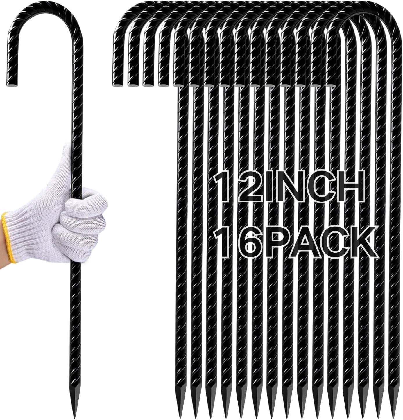 RANLUMO 12 Inch 16 Pack Rebar Stakes Heavy Duty, J Hook Premium Black Coated Anti-Rust Ground Anchors for Chain Link Fence, Camping Tents, Outdoor Garden Decoration, Water Pipes