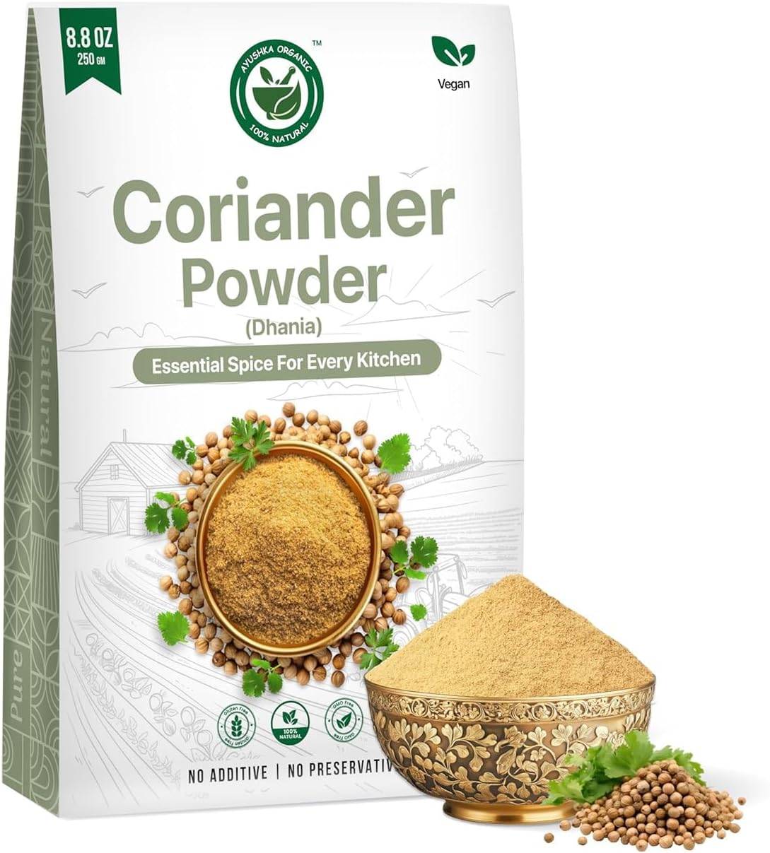 AYUSHKA ORGANIC Coriander Powder (Dhaniya Powder) Organic Ground Coriander, 8.8 Oz (250 g) Coriandrum Sativum