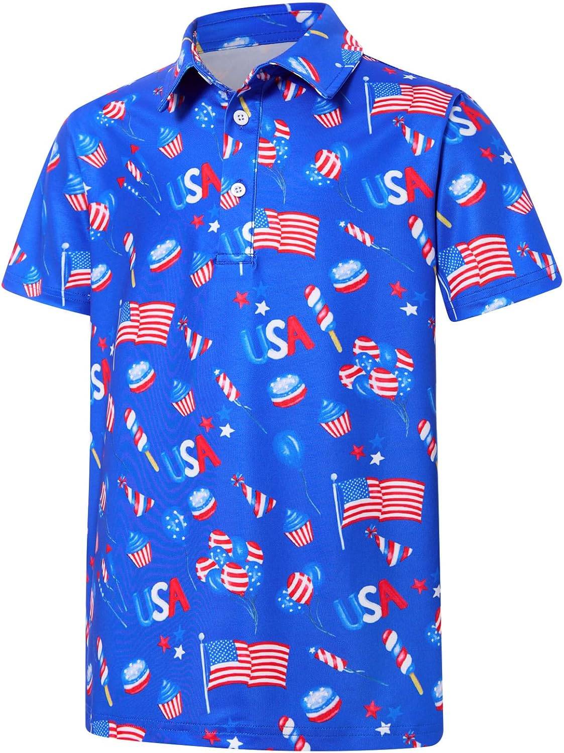 Cuddomper Boys 4th of July Polo Flag Golf Shirt USA Celebration 11-12 Years