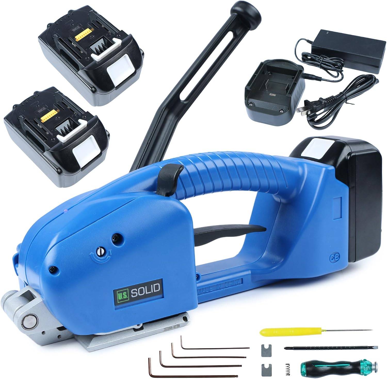 U.S. Solid Electric Strapping Machine, Handheld Semi-Automatic Banding Tool for 1/2"-5/8" PP&PET Straps, Adjustable Tension, 2x 3000mAh Rechargeable Batteries, Cordless Pallet Bale