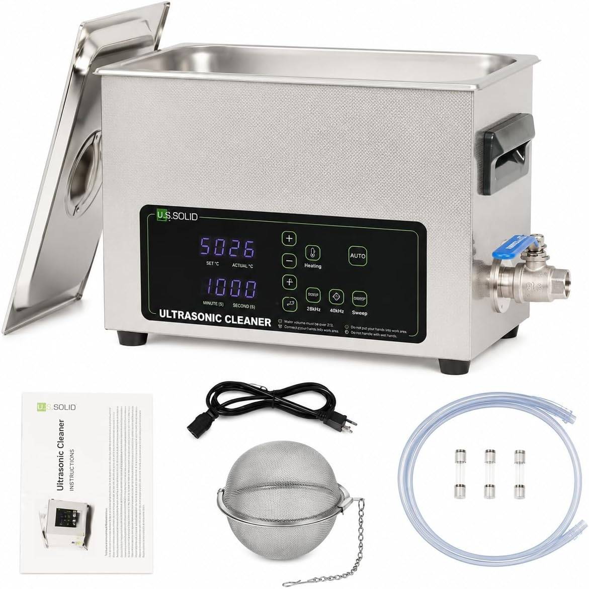 U.S. Solid 6L Ultrasonic Cleaner, 110V AC, 28/40kHz Dual-Frequency Digital Ultrasonic Cleaning Machine with Heater, Timer, and Degas Function