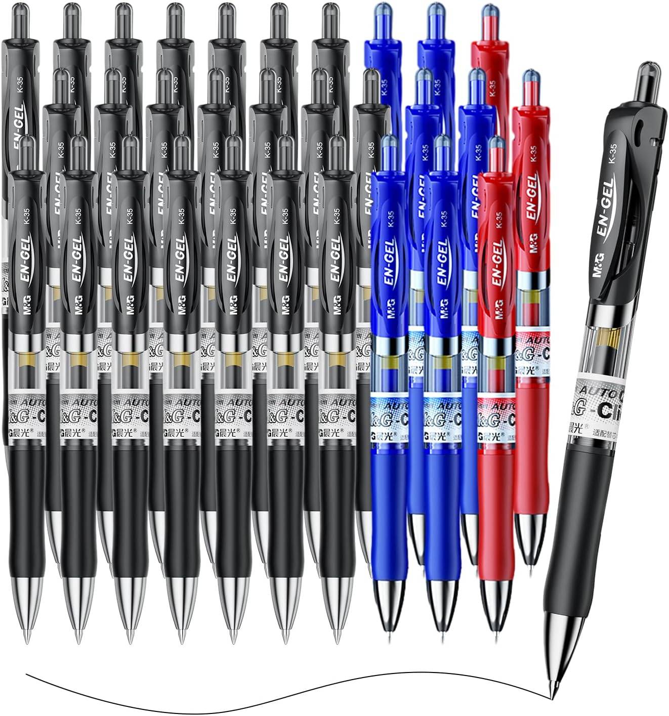M&G 30 Pcs Retractable Gel Pens, 0.5mm Fine Point, 21 Black, 6 Blue, 3 Red