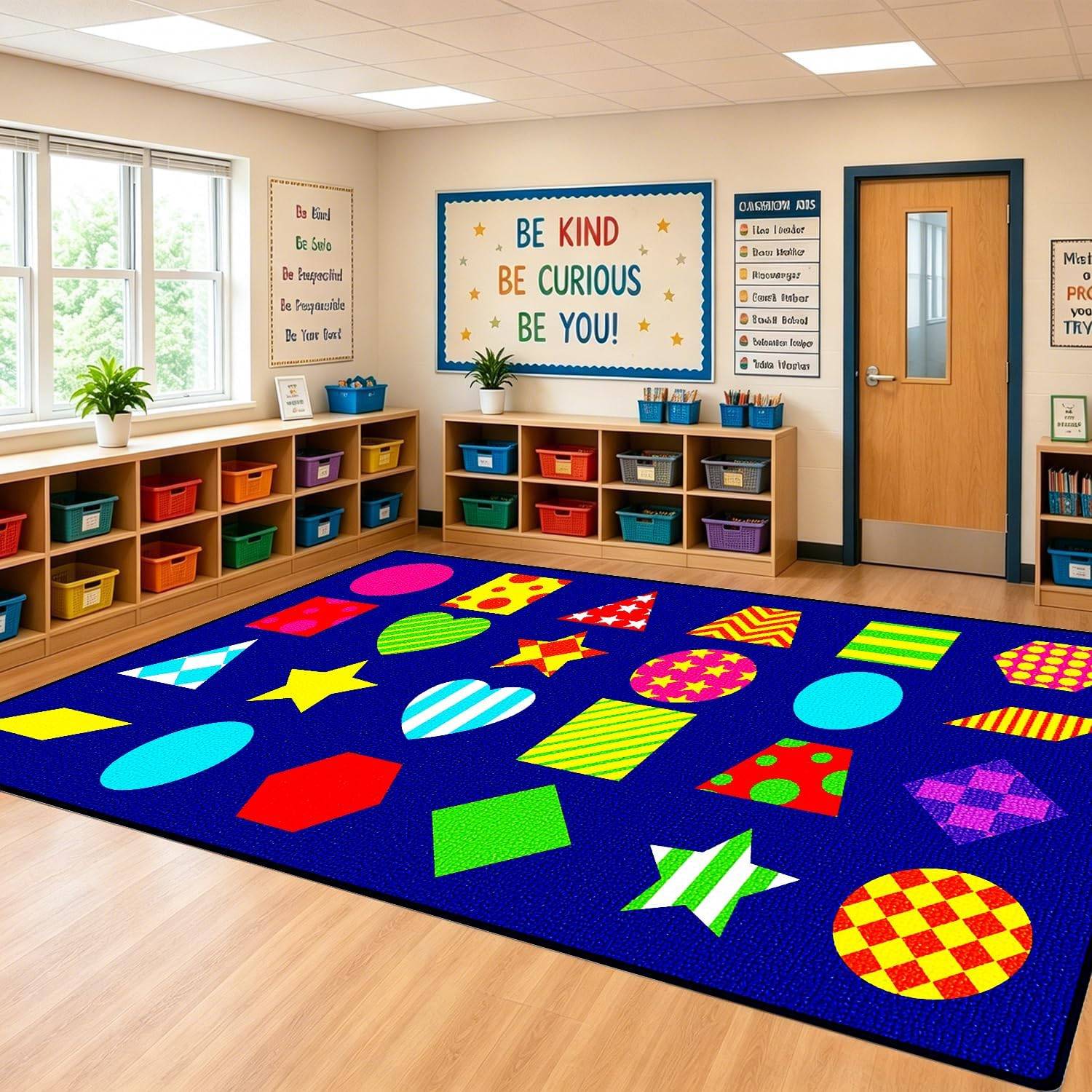 ABCarpet Classroom Rug 13 x 7.5 ft Blue Educational Area Rug with Different Shapes, 24 Seats, Washable & Non-Slip Carpet for Elementary School, Daycare, Nursery, Library Reading