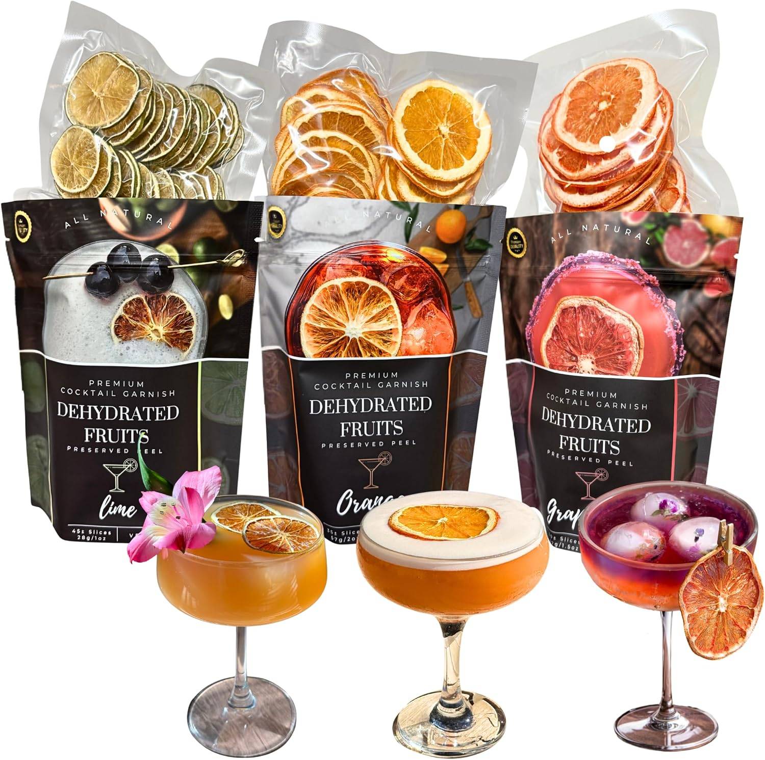 Dried Citrus Slice 3 PACK Dehydrated Fruits⎮PREMIUM COCKTAIL GARNISHES ⎮ LIME - ORANGE - GRAPEFRUIT ⎮ Preserved Peel - Bars & restaurants supply - Home Bar - dried citrus slices