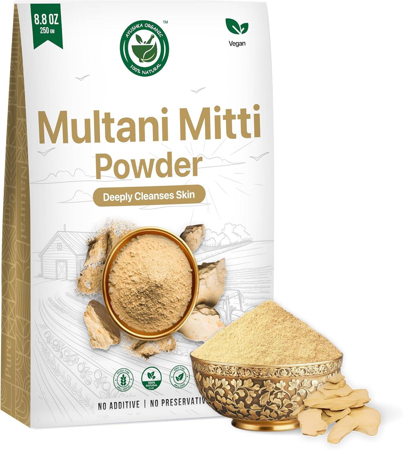 AYUSHKA ORGANIC Multani Mitti Powder, Pure Fuller's Earth Clay for Face & Body (8.8 oz / 250gm)