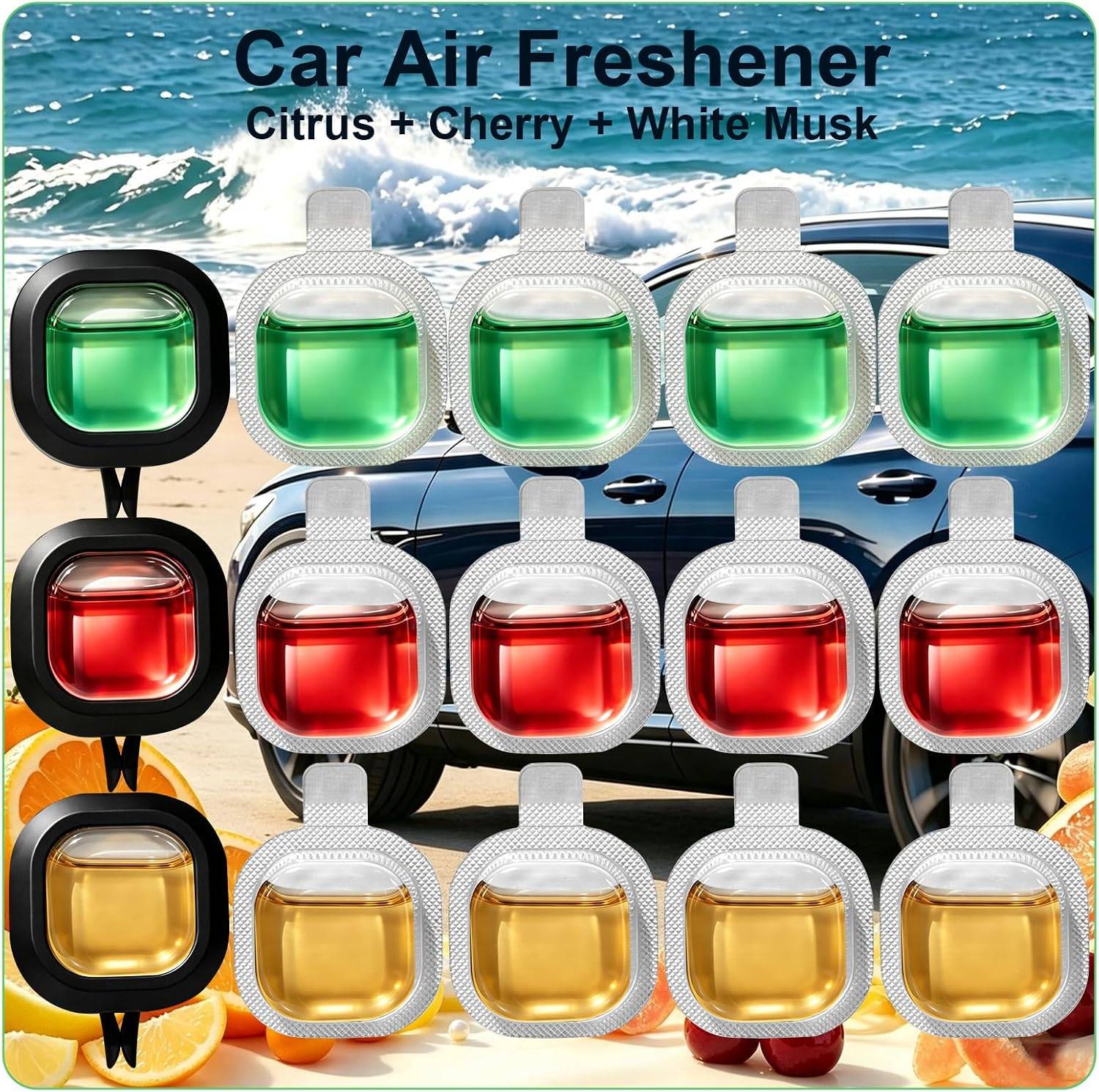 STRN Car Air Freshener, 12 Refills + 3 Square Vent Clips, Car Fragrance