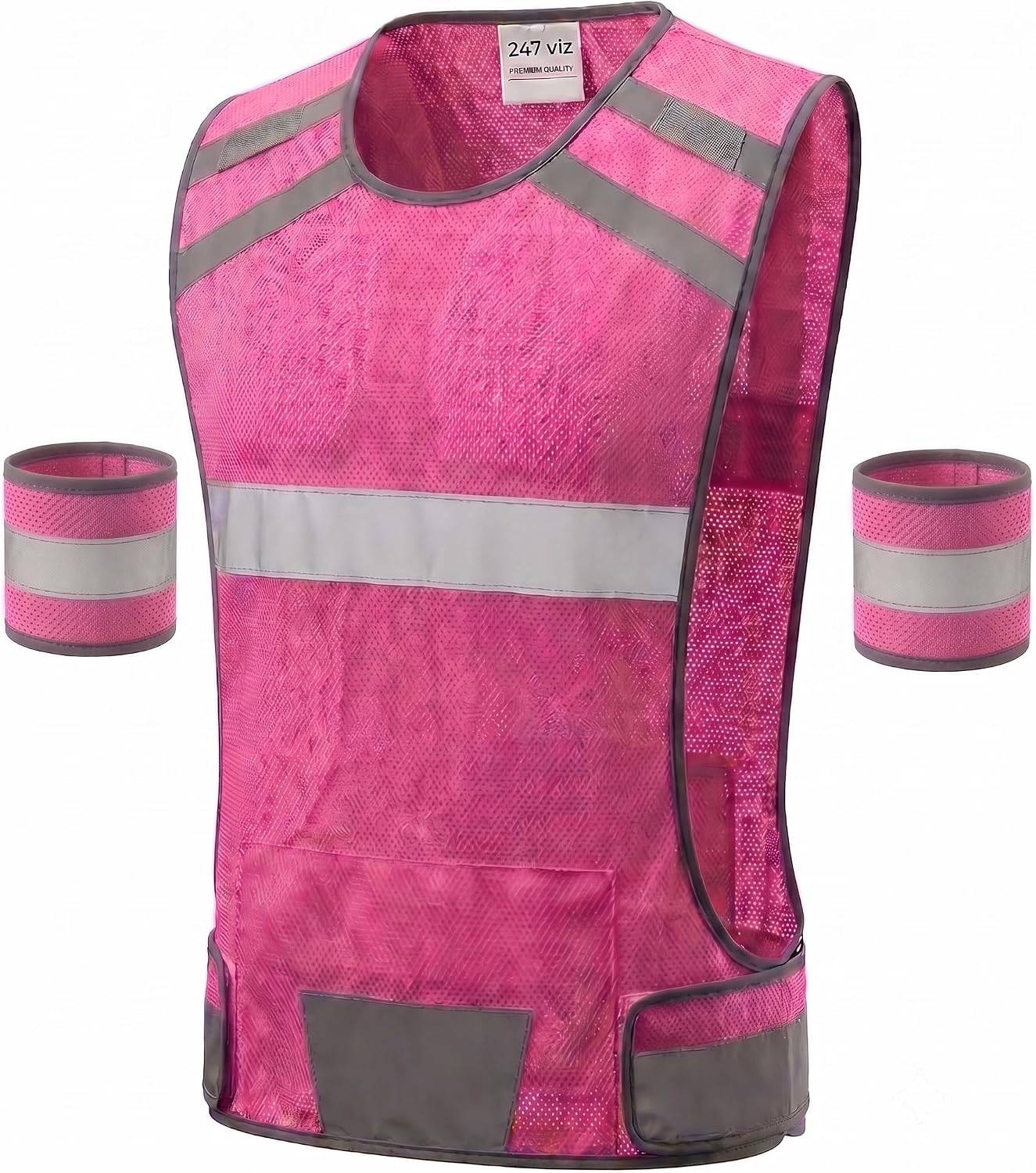 Mesh Safety Vest with Pocket & 2 Wrist Bands, High-Visibility Running Vest