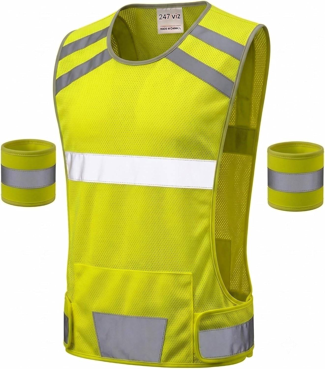 Mesh Safety Vest with Pocket & 2 Wrist Bands, High-Visibility Running Vest