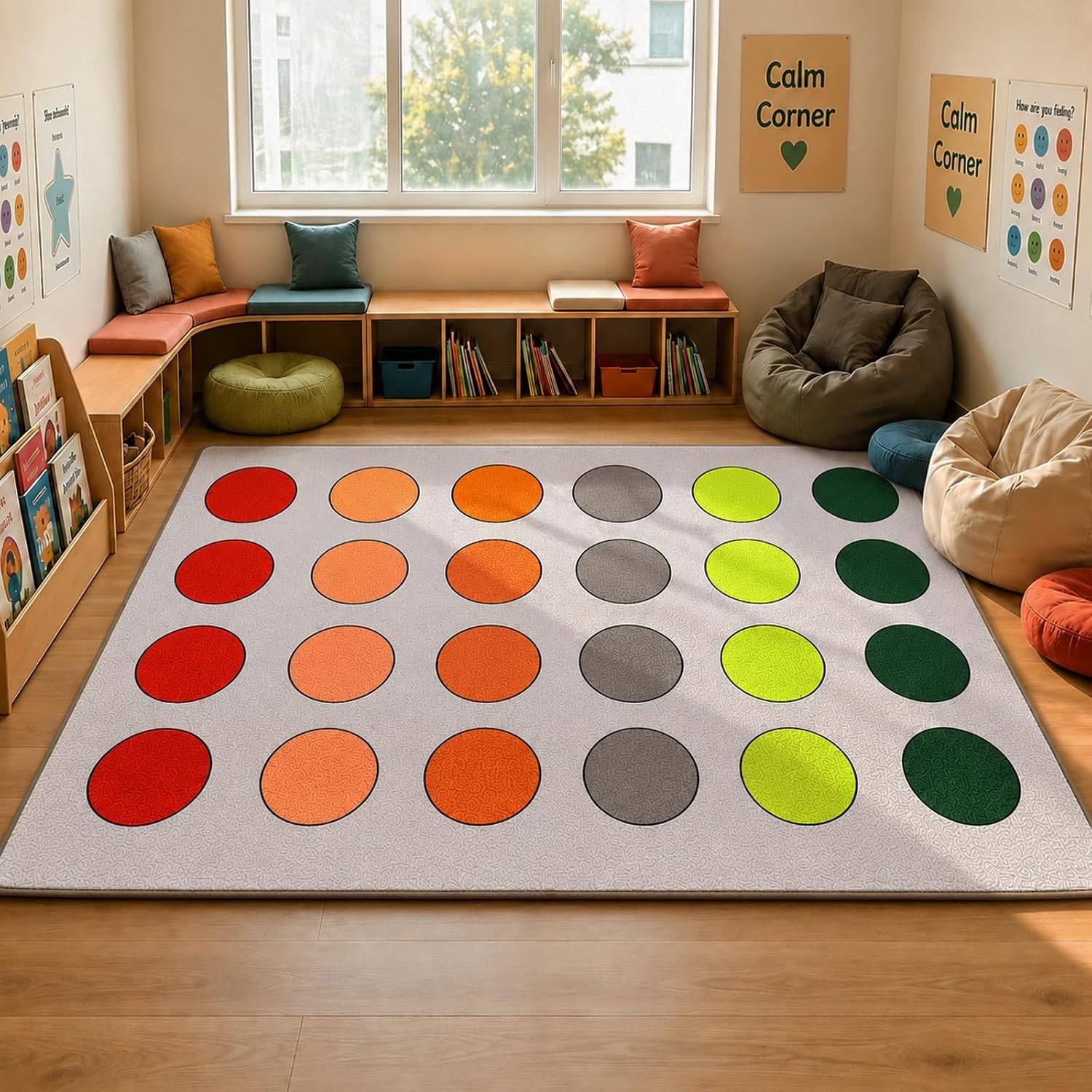 ABCarpet Large Classroom Rug, 7'6" x 13'1" Durable Boho Classroom Carpet, Non-Slip Preschool Rug with 24 Seating Circles for Reading Area, Calming Corners, Circle Time and Kids Roo