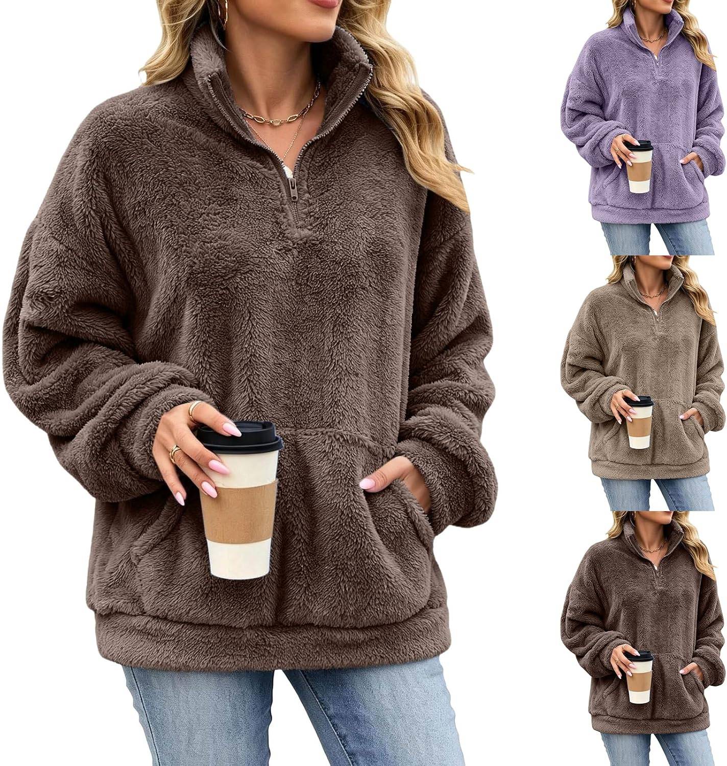Hrwauag Women's Quarter Zip Sherpa Sweatshirt Winter Soft Fuzzy Fleece Pullover Stand Collar Kangaroo Pocket Casual Outwear Coffee