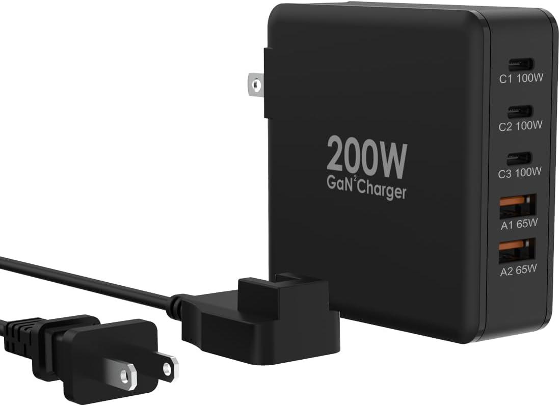 Tobetravel 200W USB C Charger, 5 Ports GaN Fast Charger, PD100W USB C Desktop Charging Station for iPhone 16 15, MacBook Pro/Air, Galaxy S24 S23 and More