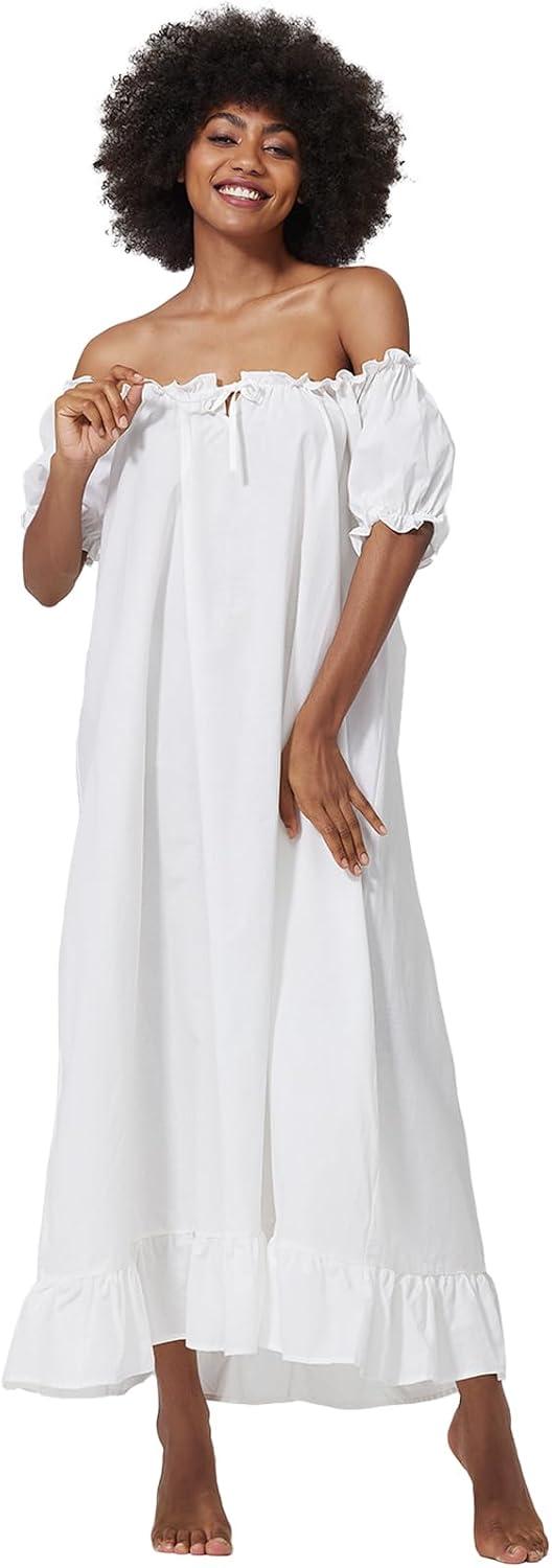 BEAUZSUZSANA Women's Nightgown 100% Cotton Victorian Vintage Nightwear Short Sleeve Scoop Neck (Small) Ivory