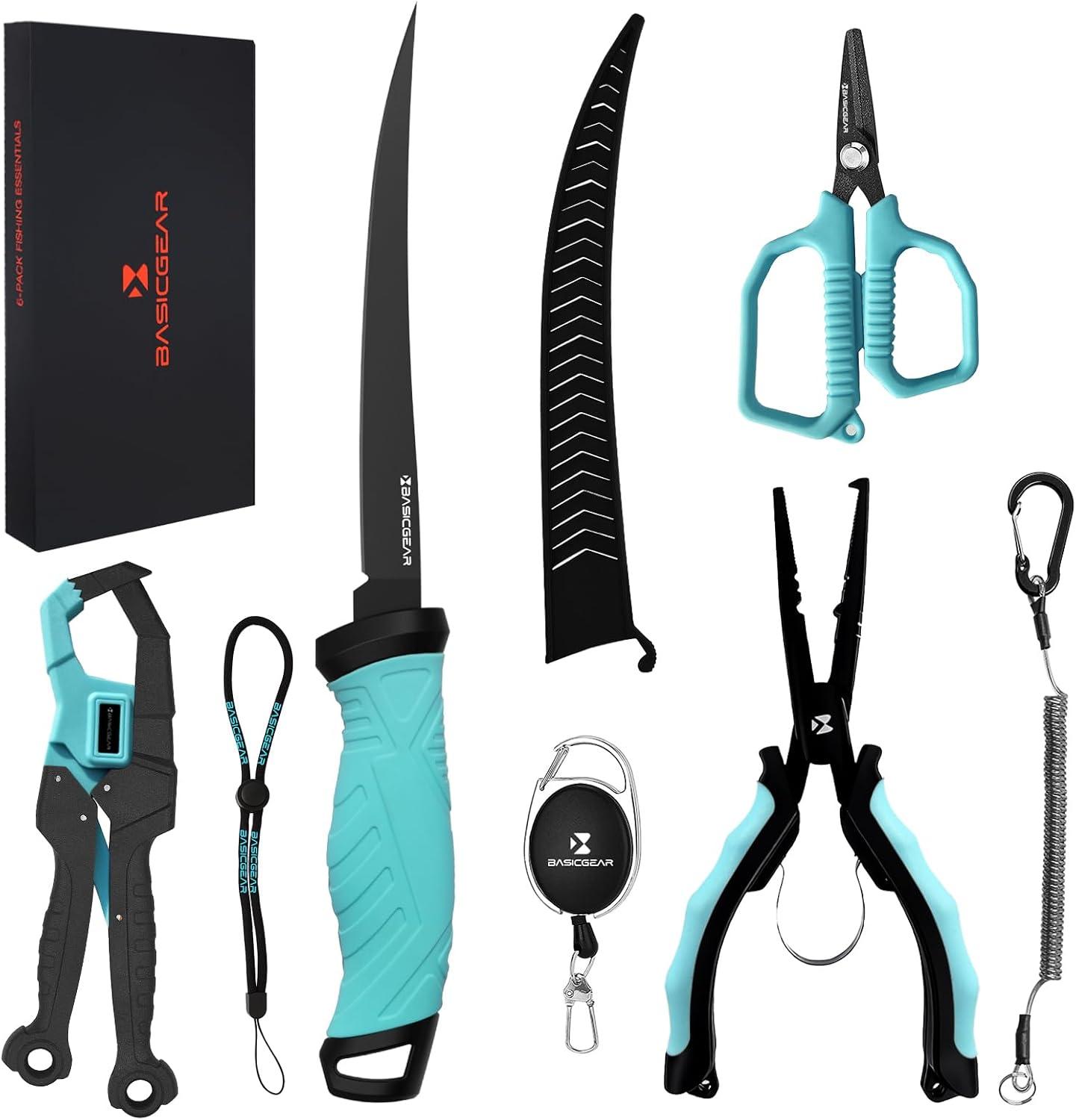 BasicGear® Fishing Tool Kit, Pliers, Gripper, Scissors, Knife, Blue