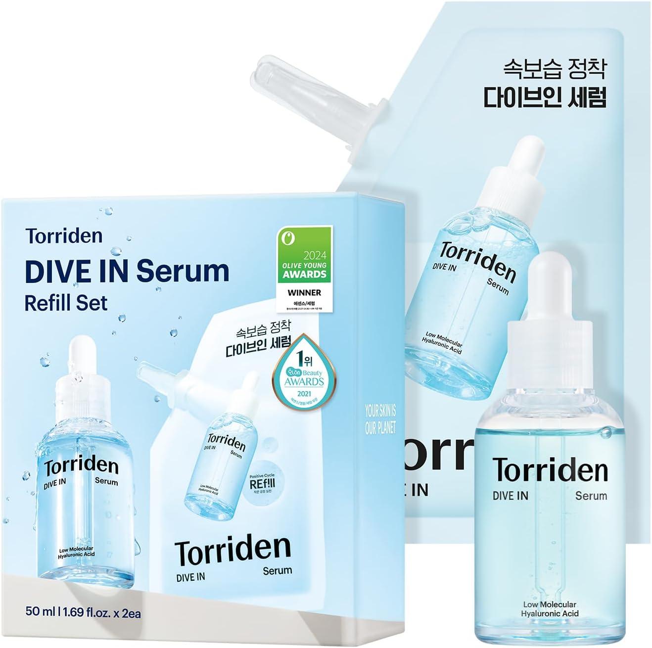 Torriden DIVE IN Serum 1.69 fl oz + refill pouch 1.69 fl oz | Deep Hydration to Get Glow Skin | Hyaluronic Acid, Panthenol, Allantoin | Korean Facial Serum