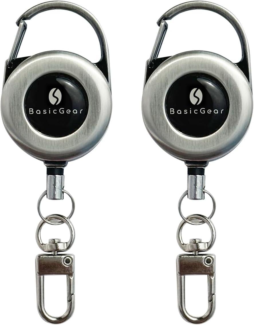BasicGear® Zinger Retractable Keychain, 2 Pack, Brushed Metal, Silver