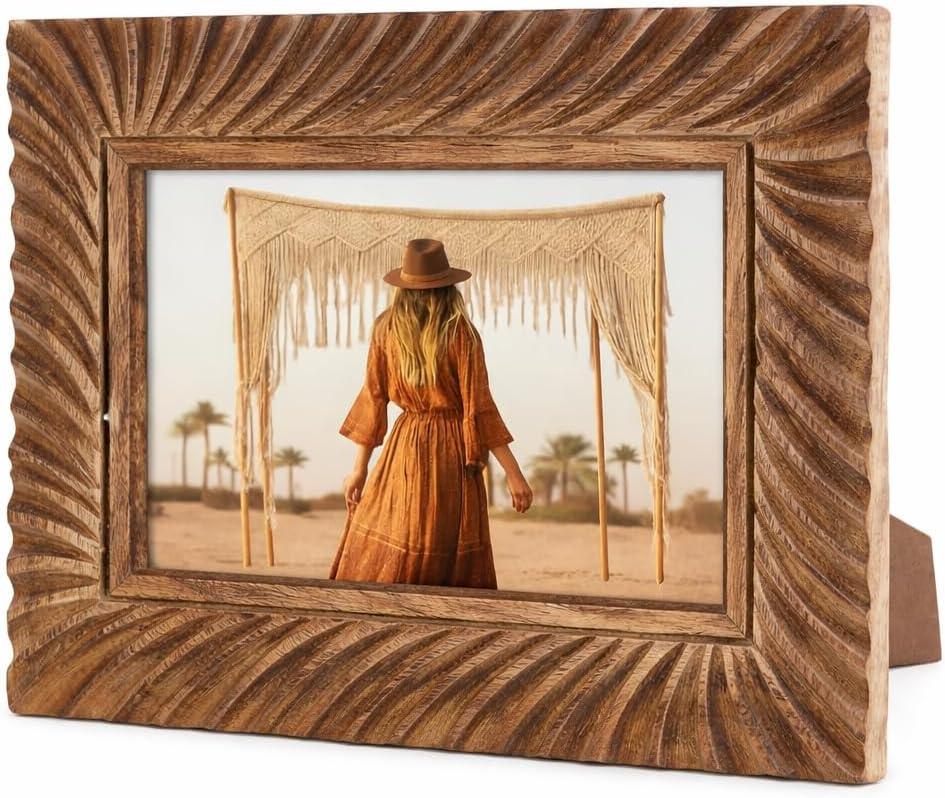 indoStrides Hand Carved Mango Wood 5x7 Picture Frame with Real Glass – Brown Ridged Pattern Vintage Wood Frame for Tabletop or Wall Mount Use – Rustic Home Decor for Home & Memorie