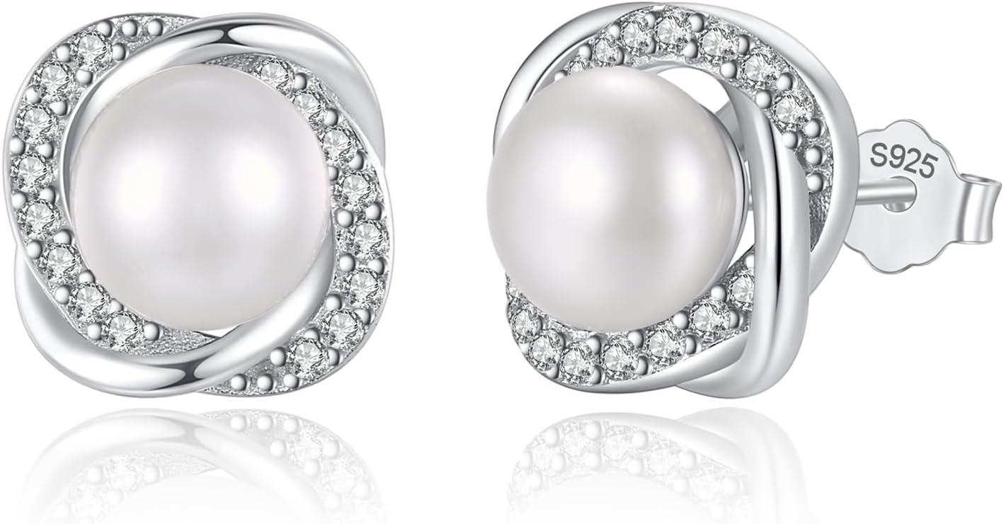 Pearl Earrings for Women Freshwater Cultured Pearl Stud Earrings 925 Sterling Silver Cubic Zirconia Stud Earrings for Mother Her (Silver)