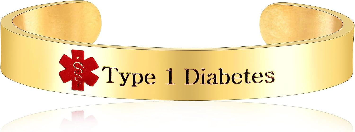 Uloveido Type 1 Diabetes Bracelets for Women Medical Alert Bracelet Gold Plated Stainless Steel Open Cuff Bangle Medical ID Bracelet Y3021