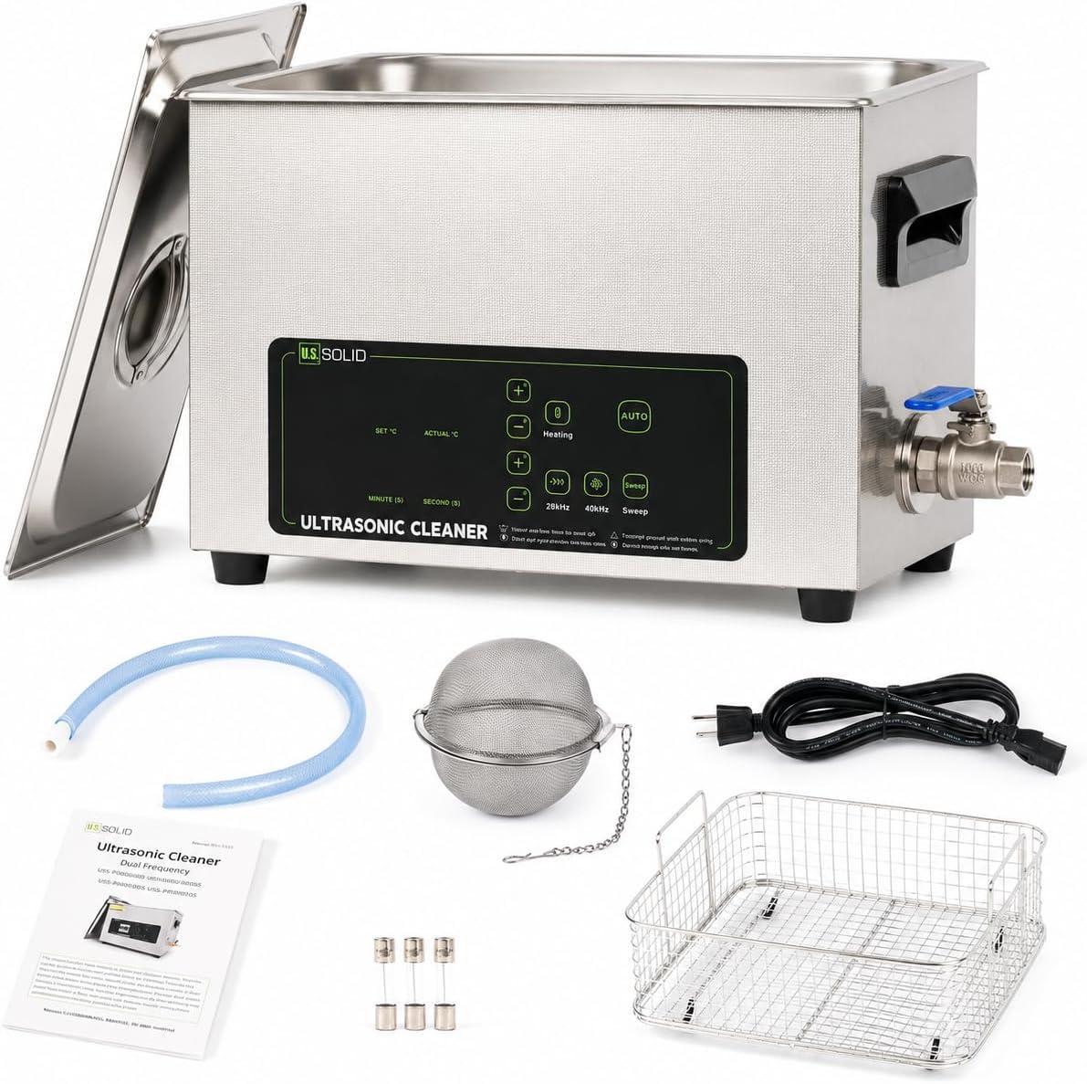 U.S. Solid 10L Ultrasonic Cleaner, 110V AC, 28/40kHz Dual-Frequency Digital Ultrasonic Cleaning Machine with Heater, Timer, and Degas Function