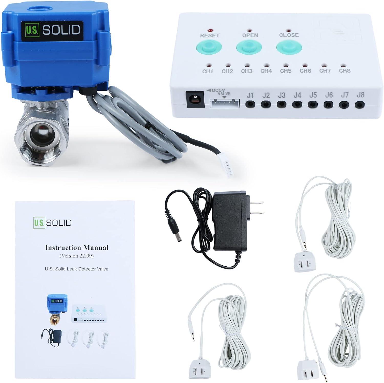 U.S. Solid Water Leak Detector with Auto Shut-Off Valve & Sound Alarm, 3/4" NSF Certified 304SS Motorized Ball Valve with 3 Sensors, Smart Sensor System for Water Heaters, Laundry 