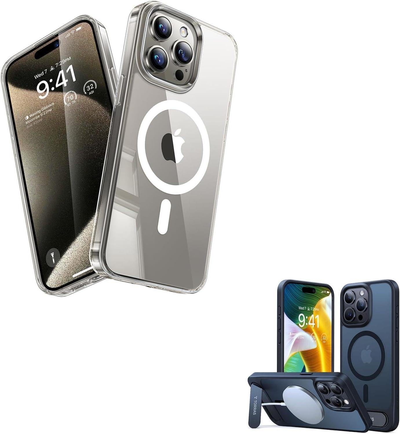 TORRAS Ultra Magnetic Clear iPhone 15 Pro Max Case [Fit for MagSafe] & Pstand Magnetic [Built-in Kickstand] iPhone 15 Pro Max Case
