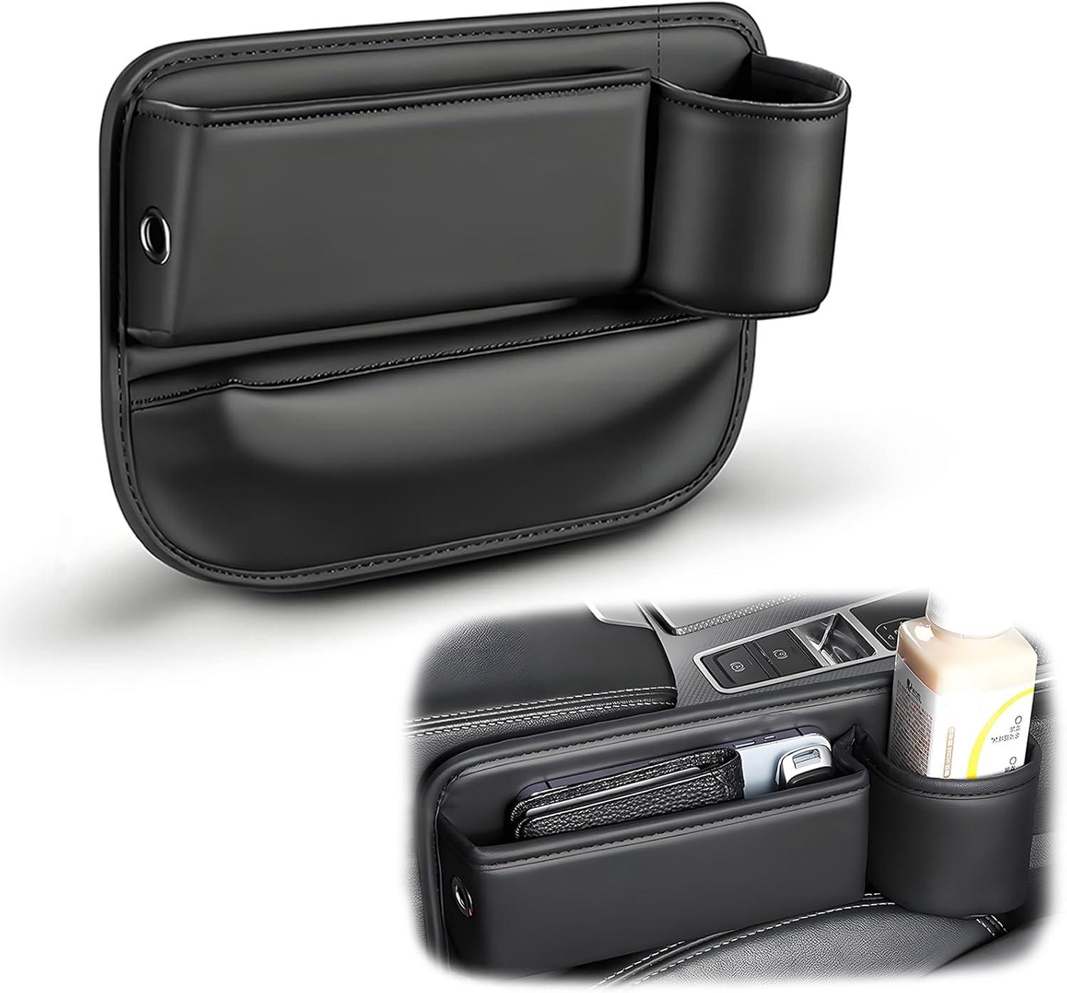 Car Seat Gap Filler Organizer, Universal Premium Leather Seat Organizer with Cup Holder, Seat Gap Storage Box with Bottle Holder, Car Leather Gap Bag Front Center Console Seat (Pas