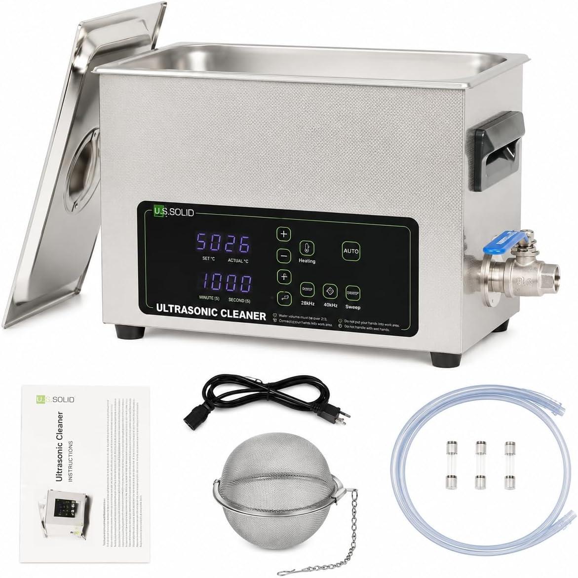 U.S. Solid 6L Ultrasonic Cleaner, 110V AC, 28/40kHz Dual-Frequency Digital Ultrasonic Cleaning Machine with Heater, Timer, and Degas Function