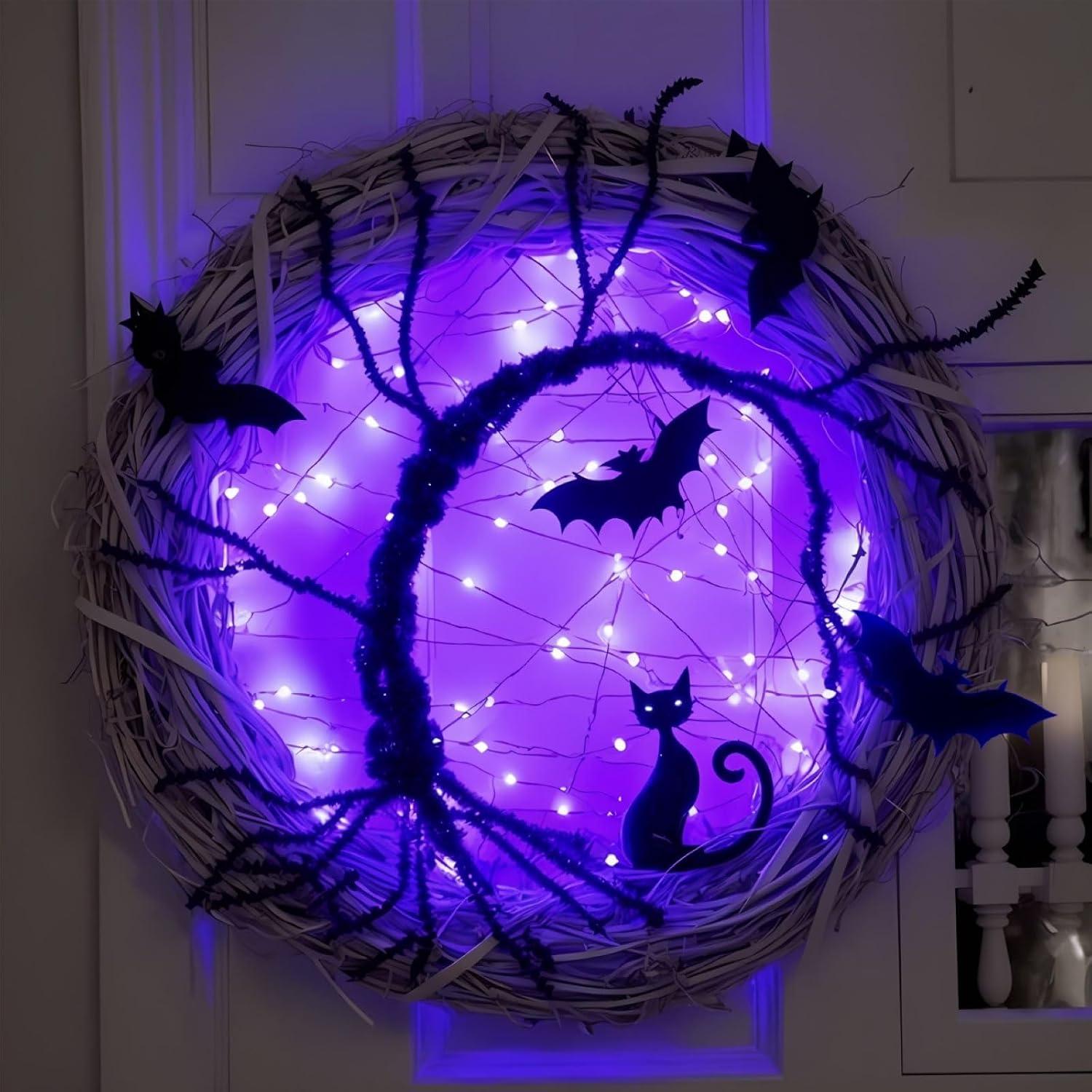 Halloween Wreaths for Front Door, 15 Inch Halloween Lighted Wreath with Bat and Cat Decor, 45 LED Purple Lights Battery Operated, Front Door Porch Wreath Decorations for Holiday Pa