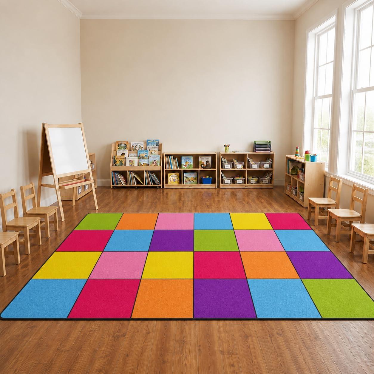 Booooom Jackson Classroom Rug - 6'5''x 9'8'' Sweet Macaron Seating Preschool Classroom Carpet, Non-Slip & No-Trip Edges, Vibrant Colors for Kids Playroom Floor Mat