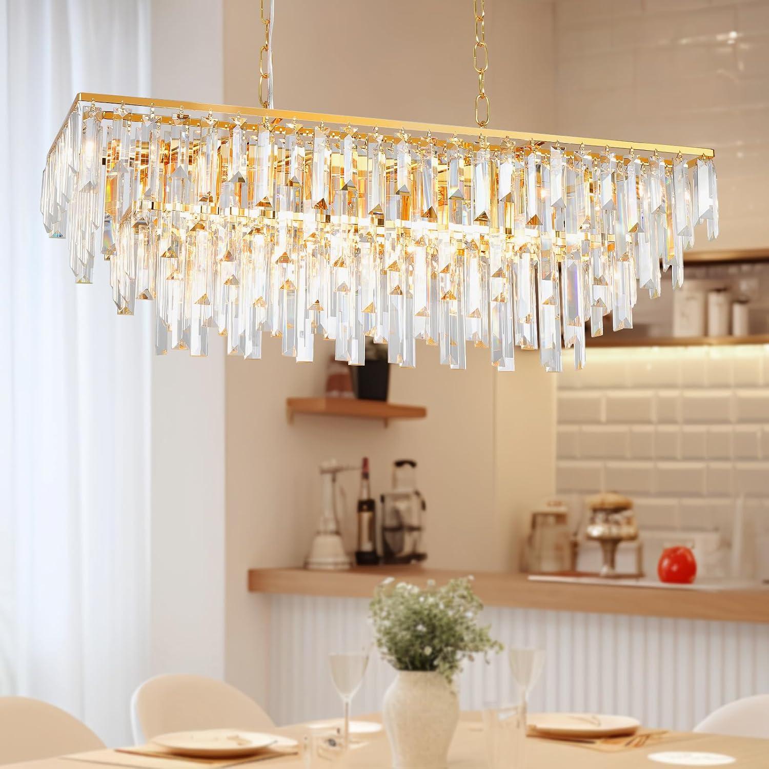 Gold Rectangle Crystal Chandelier 32" Modern Chandelier for Dining Room