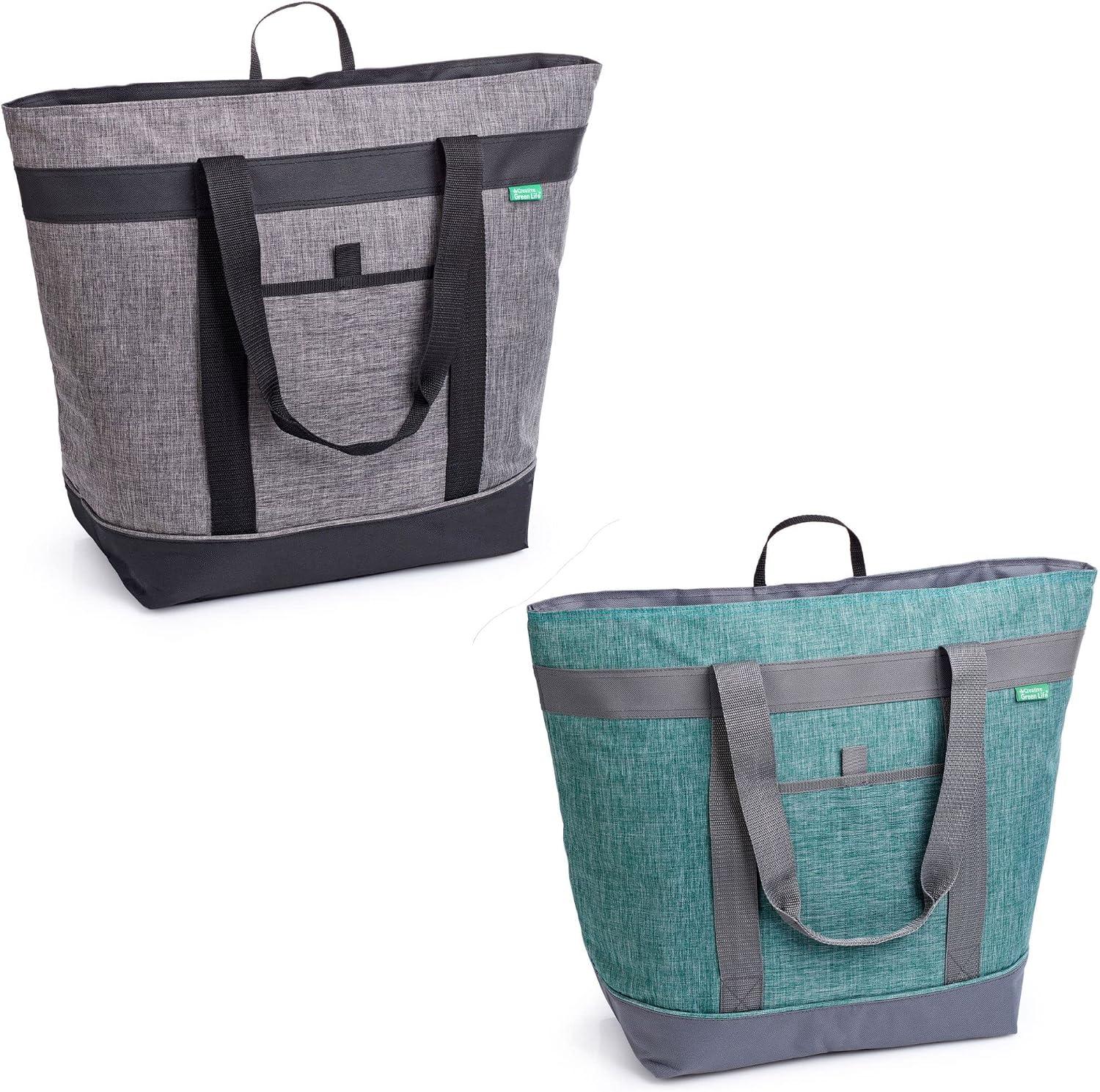 Jumbo Insulated Cooler Bag (2-Pack Charcoal, Green) with HD Thermal Insulation - Premium, Collapsible Soft Cooler Makes a Perfect Insulated Grocery Bag, Food Delivery Bag, Travel I