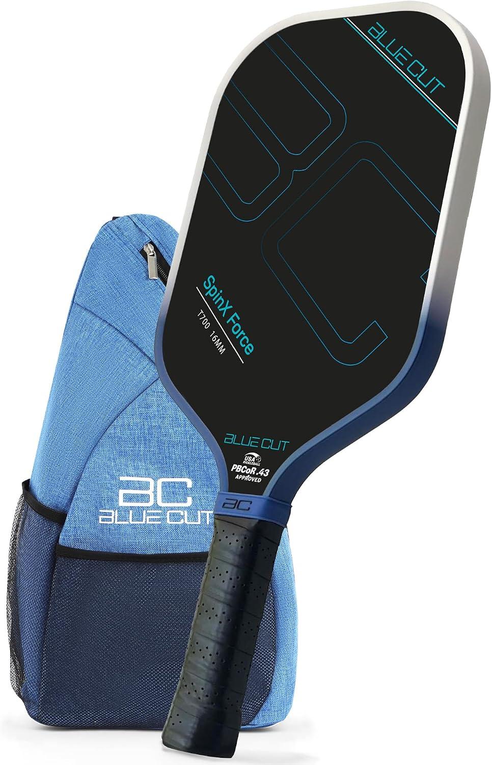 Blue Cut Pickleball Paddle – USAPA Approved Pickleball Paddles Racket with T700 Carbon Fiber, 16mm Honeycomb Core, Spin Surface, Pro Power Speed & Control – Includes Carry Bag